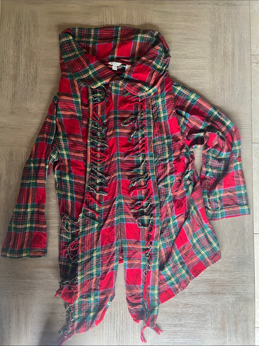 Woman’s Red Plaid Hooded Jacket with Fringe